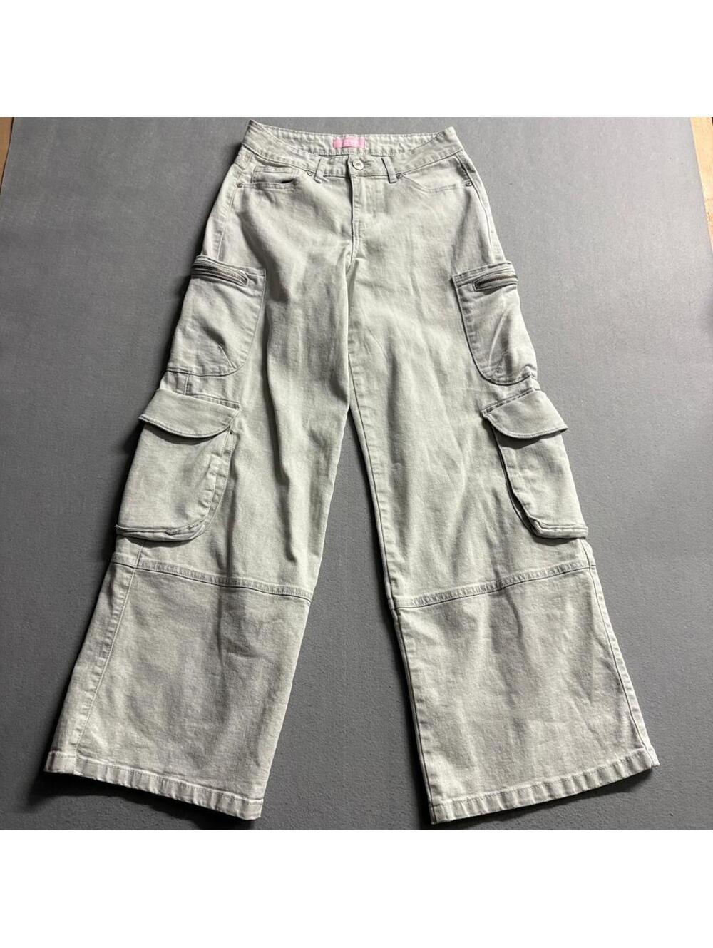 TRTR Acid Grey Cargo Jeans Womens Size 5 Wide Leg High Rise Utility Pockets